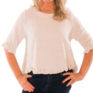 Trisha Tyler Hi Low Ruffle Trimmed Blouse, Size Large, Linen Blend Natural color